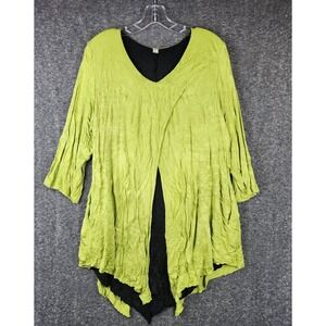 Aria Handmade Tunic Women XL Crinkle Layered Lime Green Black V-Neck EUC